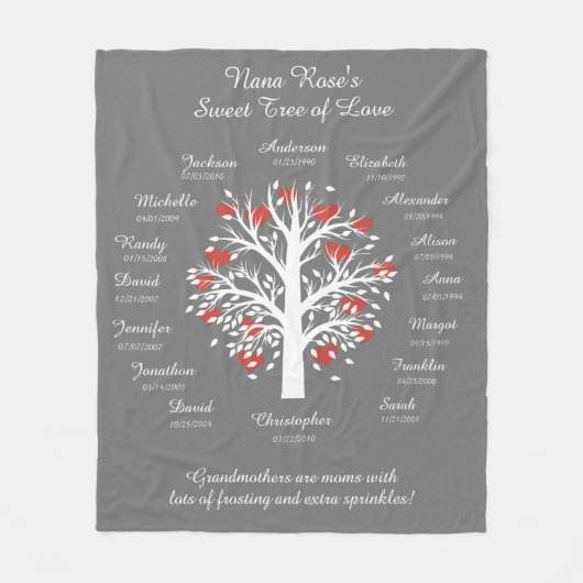 おばあちゃんの木(ハート)、白/灰色、16名/日付 フリースブランケット (正面)