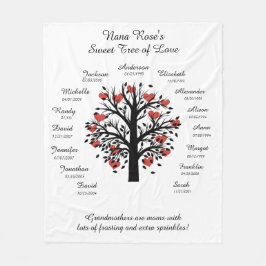 おばあちゃんの木(ハート)、黒/白、15名/日付 フリースブランケット