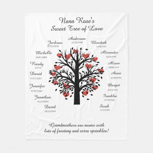 おばあちゃんの木(ハート)、黒/白、15名/日付 フリースブランケット (正面)