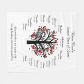 おばあちゃんの木(ハート)、黒/白、15名/日付 フリースブランケット (正面(横))