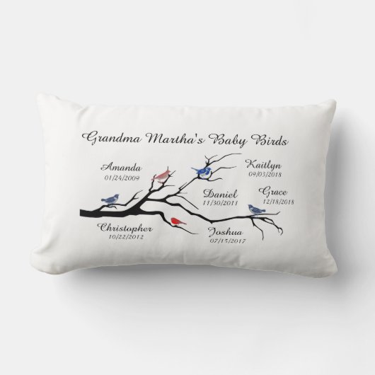 おばあちゃんの木(鳥)カスタマイズ、6名/日付 ランバークッション (正面)