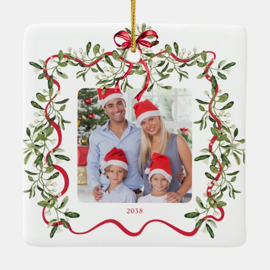 おばあちゃんの波状フレームボウ緑の写真クリスマス セラミックオーナメント (裏面)
