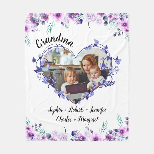 おばあちゃんの花ハートおばあちゃんの名前&写真 フリースブランケット (正面)