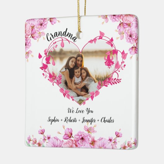 おばあちゃんの花ハート |グランドキッズの名前と写真 セラミックオーナメント (左)