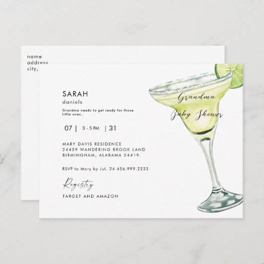 おばあちゃんの赤ちゃんシャワーマーガリタシャワー インビテーションポストカード (正面/裏面)