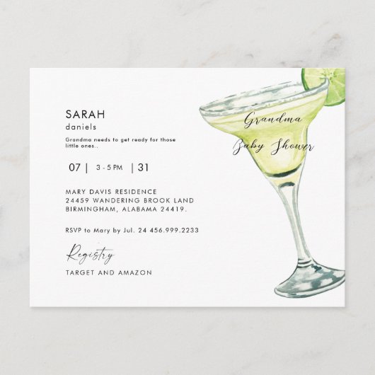 おばあちゃんの赤ちゃんシャワーマーガリタシャワー インビテーションポストカード (正面)