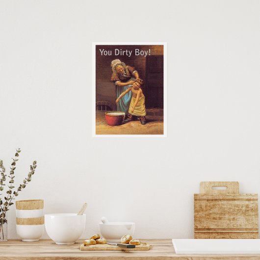 おばあちゃんは汚い男の子を洗ってるおもしろいヴィンテージ ポスター (キッチン)