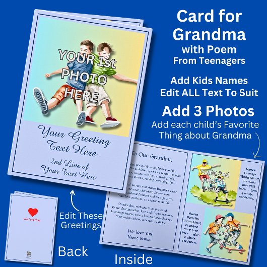 おばあちゃんへの写真3枚と、思春期の子供たちからの詩を追加 カード