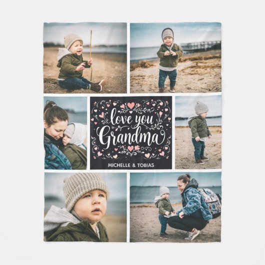 おばあちゃんへ愛を込めて 6枚の写真コラージュ 名前入り フリースブランケット (正面)
