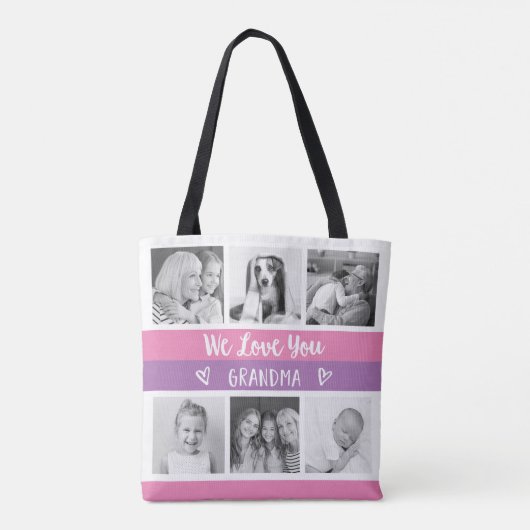 おばあちゃんを愛して|ピンク色のブロックフォトグリッド トートバッグ (裏面)
