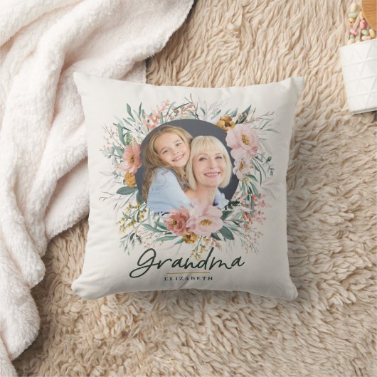 おばあちゃんギフト2フォトピンクガーリーの水彩フローラ クッション (ブランケット)