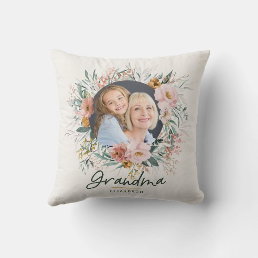 おばあちゃんギフト2フォトピンクガーリーの水彩フローラ クッション (裏面)
