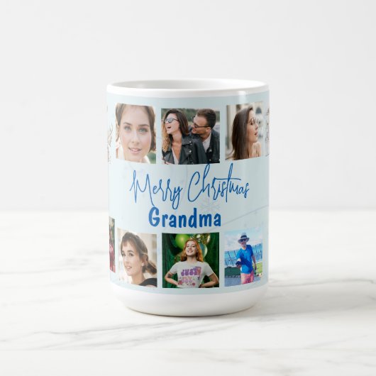 おばあちゃんクリスマスファミリーフォトコラージュブルーディアー コーヒーマグカップ (中央)