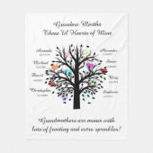 おばあちゃんツリー(ハート)、黒/白8の名前と日付 フリースブランケット (正面)