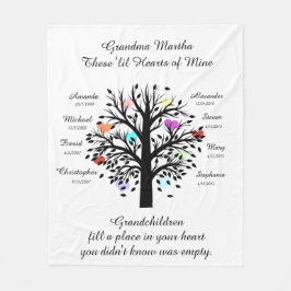おばあちゃんツリー(ハート)、黒/白8の名前と日付 フリースブランケット