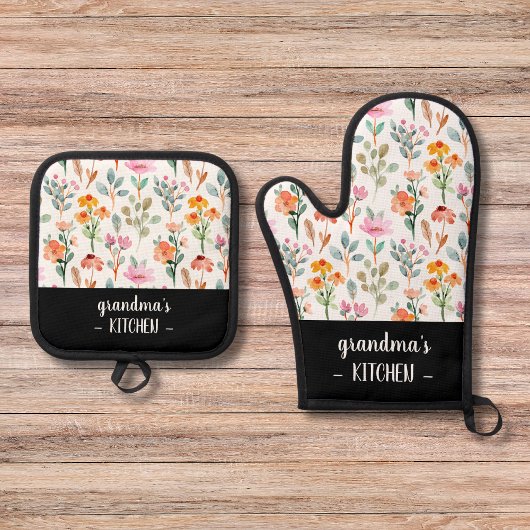 おばあちゃんパーソナライズされたのキッチンプリントフローラ 鍋つかみ&鍋敷きセット