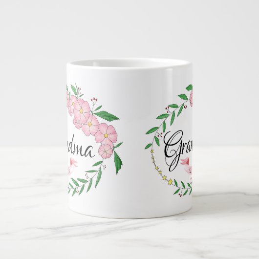 おばあちゃんパーソナライズされた設立フラワーリース ジャンボコーヒーマグカップ (正面)