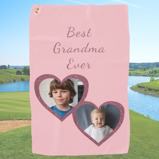 おばあちゃんピンクハート2孫フォトコラージュ ゴルフタオル