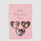 おばあちゃんピンクハート3孫フォトコラージュ ゴルフタオル (正面)