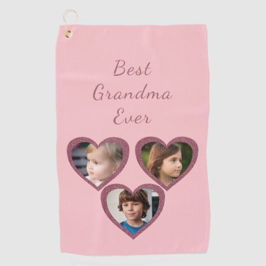 おばあちゃんピンクハート3孫フォトコラージュ ゴルフタオル (正面)