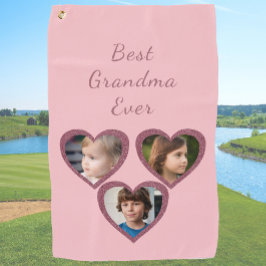 おばあちゃんピンクハート3孫フォトコラージュ ゴルフタオル