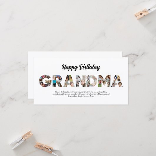 おばあちゃんフォトコラージュ文字切り出しハッピーバースデー カード (正面/裏面インサイチュ)