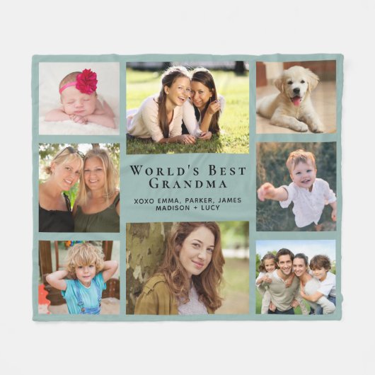 おばあちゃんフォトコラージュSage Green フリースブランケット (正面(横))