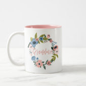 おばあちゃんブラシスクリプトのタイポグラフィフローラリース ツートーンマグカップ (左)