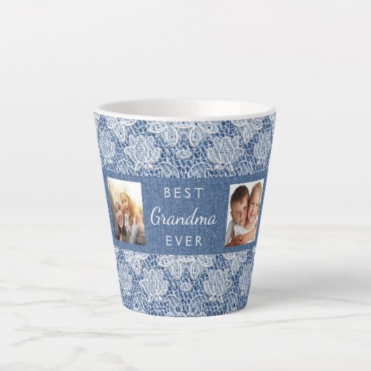 おばあちゃんブルーデニムレース写真コラージュ カフェラテマグ (正面)