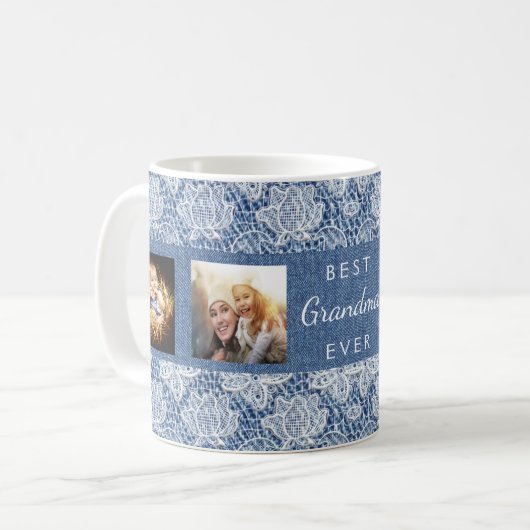 おばあちゃんブルーデニムレース写真コラージュ コーヒーマグカップ (正面左)