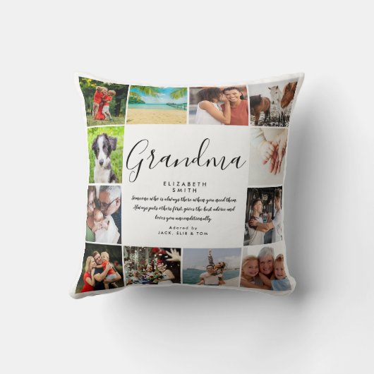 おばあちゃんモダン引用文Script 12フォトコラージュ クッション (裏面)