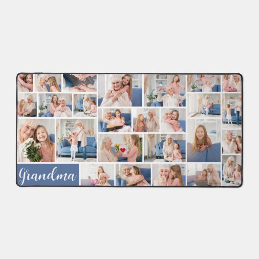 おばあちゃん写真コラージグリッドブルーホワイトグランドキッズ デスクマット (正面)