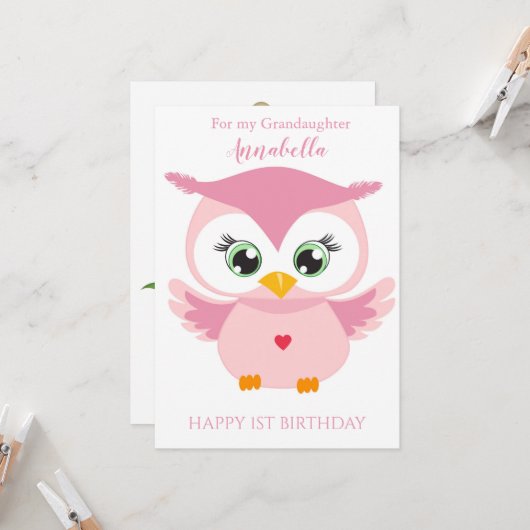 おばあちゃん初誕生日かわいいピンクのフクロウの写真 カード (正面/裏面インサイチュ)
