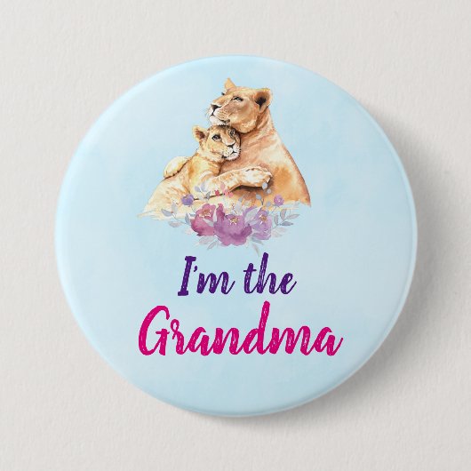 おばあちゃん可愛い水色の母ライオン&かわいい 缶バッジ (正面)