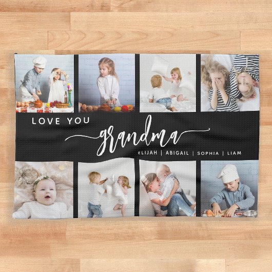 おばあちゃん大好き 8枚フォトコラージュ モノクロ キッチンタオル