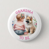 おばあちゃん女の子と子犬ピンクの赤ちゃんシャワー 缶バッジ (正面)