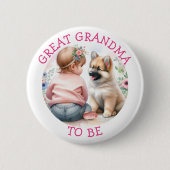 おばあちゃん女の子と子犬ピンクの赤ちゃんシャワー 缶バッジ (正面)