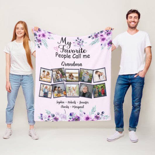 おばあちゃん孫の名前&写真、紫の花 フリースブランケット (インサイチュ)