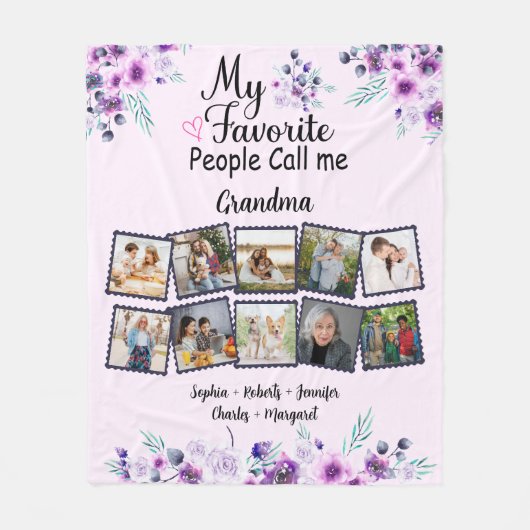 おばあちゃん孫の名前&写真、紫の花 フリースブランケット (正面)