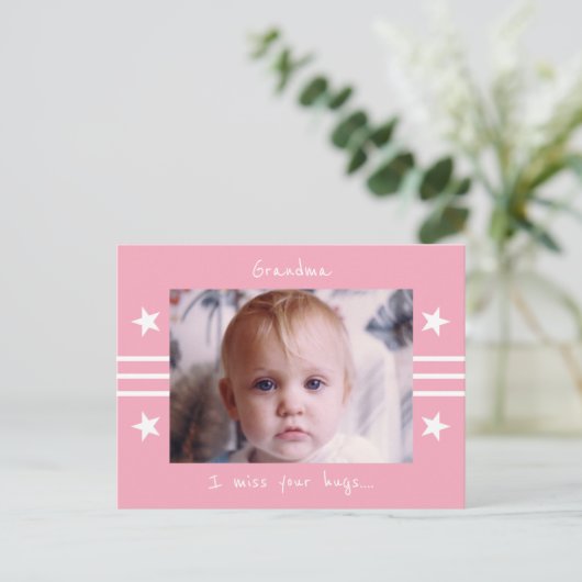 おばあちゃん恋しく思は星の写真と白ピンク ポストカード (スタンド正面)
