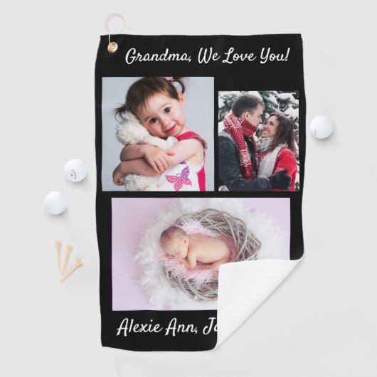 おばあちゃん愛してる！DIYメッセージと写真、黒 ゴルフタオル (インサイチュ)