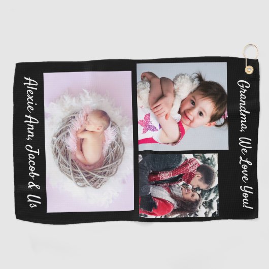 おばあちゃん愛してる！DIYメッセージと写真、黒 ゴルフタオル (横)