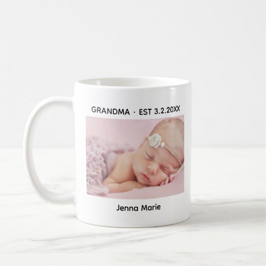 おばあちゃん日付確立されたベビー写真 コーヒーマグカップ (左)
