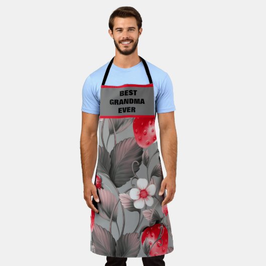 おばあちゃん最高のエプロン赤と灰色のイチゴ エプロン (着用した状態)