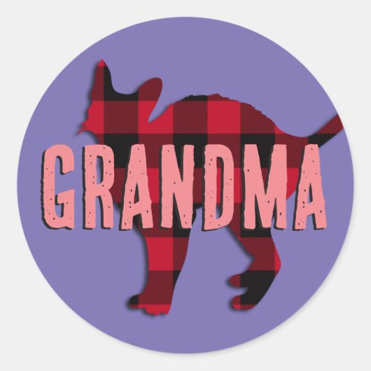 おばあちゃん猫素朴赤オンパープルバッファロープレイド ラウンドシール (正面)