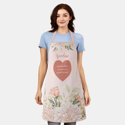 おばあちゃん祖母引用文ウォーターカラーピンクフローラ エプロン (着用した状態)