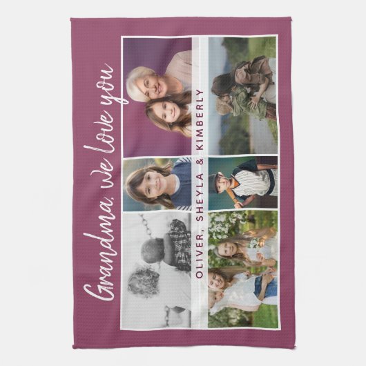 おばあちゃん私たちはあなたを愛する孫6 Photo Collage キッチンタオル (縦)