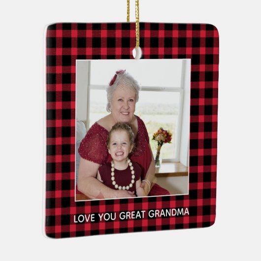 おばあちゃん素晴らしクリスマスフォトレッドバッファロープレイド セラミックオーナメント (右)