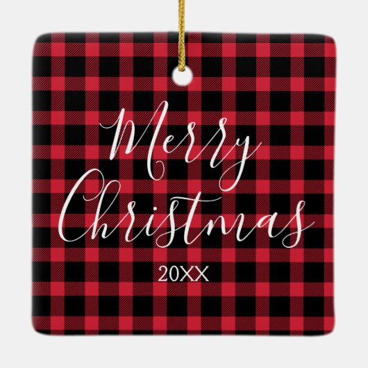 おばあちゃん素晴らしクリスマスフォトレッドバッファロープレイド セラミックオーナメント (裏面)