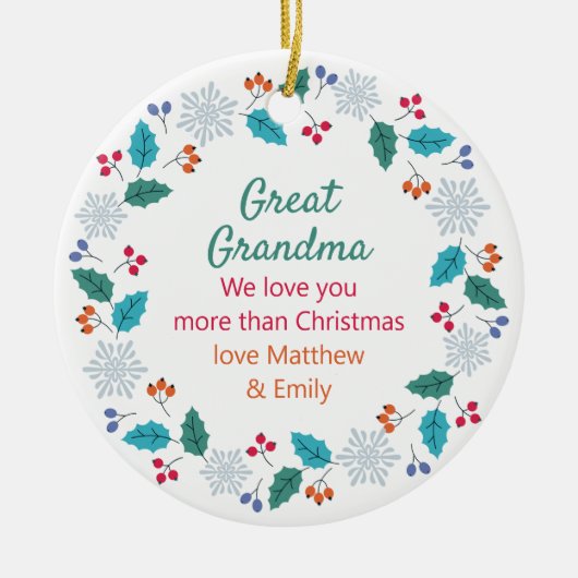 おばあちゃん素晴らし写真とウッドランドスノーフレークリース セラミックオーナメント (正面)